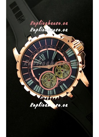 Roger Dubuis Chronoexcel Japanese Replica Automatic Rose Gold Watch in Blue Dial