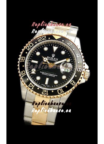 Rolex GMT Master II Swiss Replica Two Tone Gold Watch in Black Dial