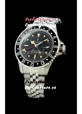 Rolex GMT Master Swiss Replica Steel Watch in Black Bezel