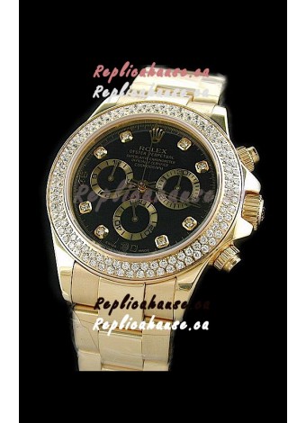 Rolex Daytona Swiss Replica Gold Watch in Full Diamond Bezel