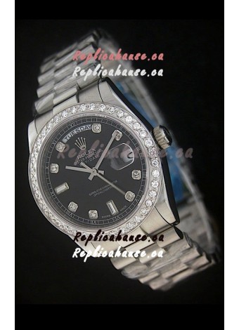 Rolex Day Date Just Japanese Replica Black Watch in Full Diamond Bezel