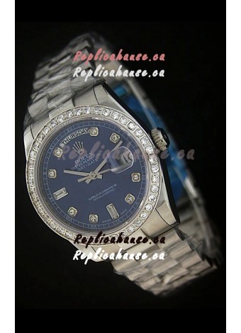 Rolex Day Date Just Japanese Replica Blue Watch in Full Diamond Bezel