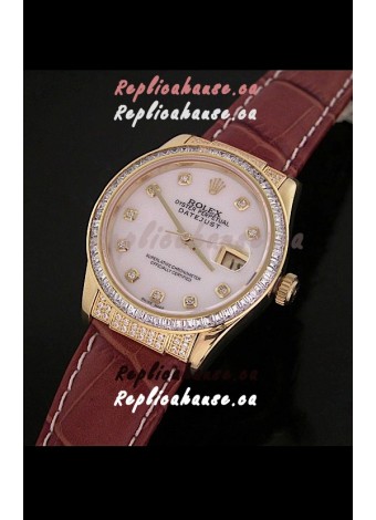 Rolex DateJust Swiss Mens Replica Yellow Gold Watch in White Mother of Pearl Dial