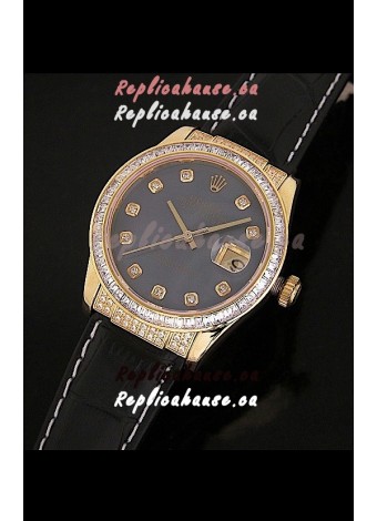 Rolex DateJust Swiss Mens Replica Yellow Gold Watch in Black Mother of Pearl Dial