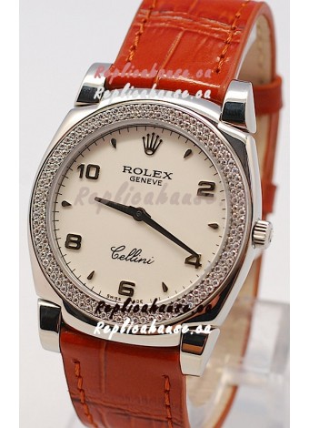 Rolex Cellini Cestello Ladies Swiss Watch in White Face Diamonds Bezel