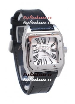 Cartier Santos 100 Japanese Ladies Replica Watch in Black Leather Strap