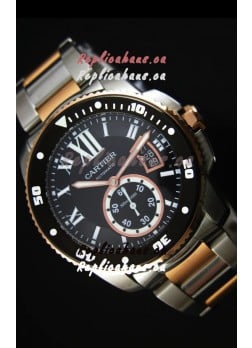 Calibre De Cartier Watch 42MM Black Dial Two Tone Case -  1:1 Mirror Replica Watch