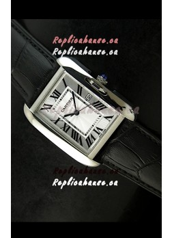 Cartier Tank Ladies Replica Watch in Steel Case/Black Strap