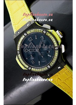 Hublot Big Bang All Black Edition in Lemon Strap and Baguette Diamonds Bezel