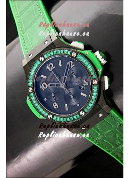 Hublot Big Bang All Black Edition in Green Strap and Baguette Diamonds Bezel