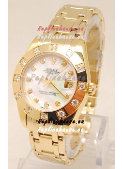 Rolex Datejust Pearlmaster Swiss Replica Gold Watch in White Pearl Dial -34MM
