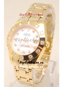 Rolex Datejust Pearlmaster Swiss Replica Gold Watch in Pink Pearl Dial -34MM