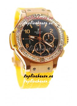 Hublot Big Bang Swis Watch Yellow Strap Black Dial Pink Gold Case