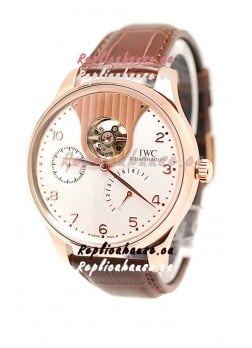 IWC Portuguese Tourbillon Mystere Japanese Replica Rose Gold Watch in White Dial