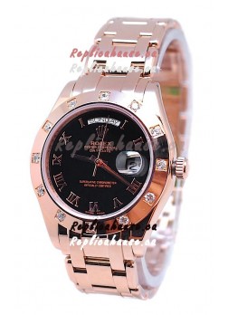 Rolex Day Date Rose Gold Japanese Replica Watch in Black Dial