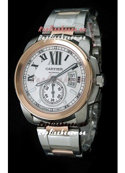 Cartier Calibre de Japanese Replica Rose Gold Watch in White Dial