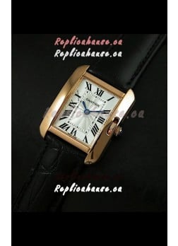 Cartier Louis Japanese Replica Ladies Rose Gold Watch in Black Strap