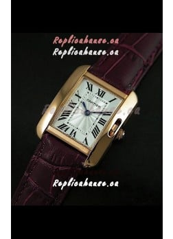 Cartier Louis Japanese Replica Ladies Rose Gold Watch in Red Wine Strap