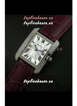 Cartier Louis Japanese Replica Ladies Diamond Watch in Brown Strap