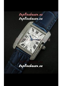 Cartier Louis Japanese Replica Ladies Diamond Watch in Blue Strap