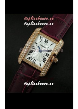 Cartier Louis Japanese Replica Ladies Rose Gold Diamond Watch in Purple Strap