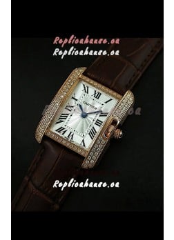 Cartier Louis Japanese Replica Ladies Rose Gold Diamond Watch in Brown Strap