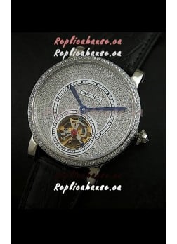 Cartier Ronde de Tourbillon Japanese Replica Diamond Watch in Black Strap