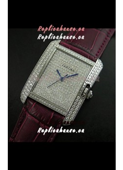 Cartier Tank Anglaise Ladies Replica Watch in Steel/Maroon Strap