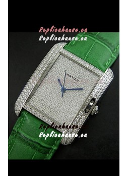 Cartier Tank Anglaise Ladies Replica Watch in Steel/Green Strap