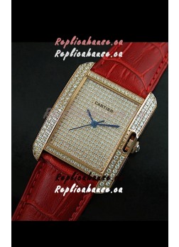 Cartier Tank Anglaise Ladies Replica Watch in Gold Case/Red Strap