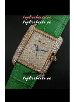 Cartier Tank Anglaise Ladies Replica Watch in Gold Case/Green Strap