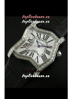 Cartier Tank Folle Ladies Replica Watch in Steel Case/Black Strap