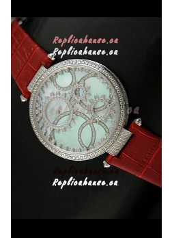 Cartier Replica Watch with Diamonds Embedded Dial Bezel in Steel Case/Red Strap