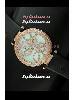 Cartier Replica Watch with Diamonds Embedded Dial Bezel in Gold Case/Black Strap