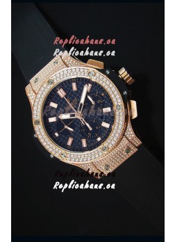 Hublot Big Bang Carbon Dial Diamonds Studded Rose Gold Swiss Watch 