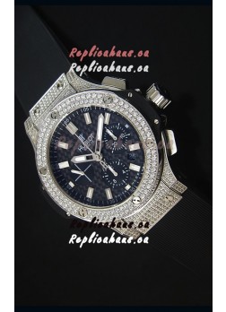 Hublot Big Bang Carbon Dial Diamonds Studded Stainless Steel Swiss Watch 