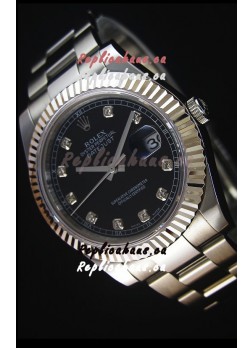 Rolex Datejust II 41MM with Cal.3136 Movement Swiss Replica Watch in Black Dial Diamonds Markers
