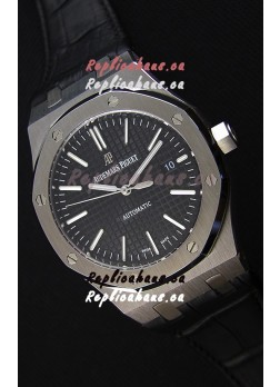 Audemars Piguet Royal Oak 41MM Black Dial Leather Strap - 1:1 Mirror Ultimate Edition