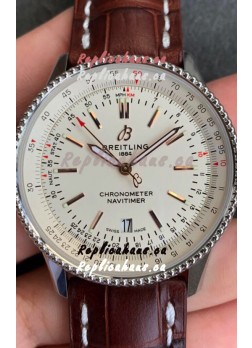 Breitling Navitimer 1 Automatic Swiss Replica Watch in White Dial - Brown Leather Strap