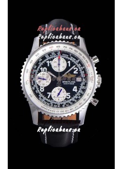 Breitling Navitimer Chronograph 41MM Swiss Replica Watch in 904L Steel Casing - Black Leather Strap