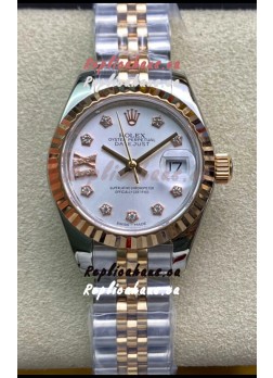 Rolex Datejust 28MM Swiss Replica in 904L Steel 2 Tone Rose Gold in White Dial - 1:1 Mirror Replica