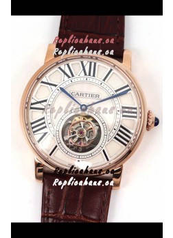 Rotonde De Cartier Flying Tourbillon Swiss Replica Watch in Rose Gold Casing