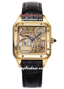Cartier Santos Dumont Skeleton Yellow Gold Watch in Black Leather Strap 43.5MM