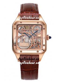 Cartier Santos Dumont Skeleton Rose Gold Watch in Brown Leather Strap 43.5MM