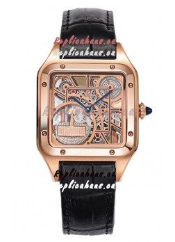 Cartier Santos Dumont Skeleton Rose Gold Watch in Black Leather Strap 43.5MM