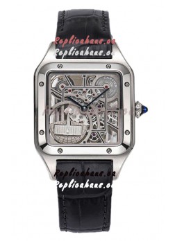 Cartier Santos Dumont Skeleton Stainless Steel Watch in Black Leather Strap 43.5MM