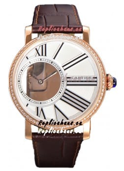 Rotonde De Cartier in Rose Gold Casing - Leather Strap Swiss Quartz Replica Watch 