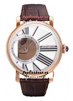 Rotonde De Cartier in Rose Gold Casing - Leather Strap Swiss Quartz Replica Watch 