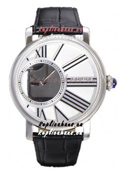 Rotonde De Cartier in Stainless Steel Casing - Leather Strap Swiss Quartz Replica Watch 