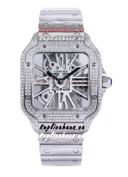 Santos De Cartier Watch in Skeleton Dial - Diamonds Bezel in Steel Casing & Strap Swiss Replica